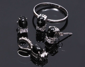 Schwarzer Sternsaphir Brautschmuck-Set, Halskette und Ohrring-Set, etwas Schwarzer Stern, Stern-Schmuckset, Hochzeit