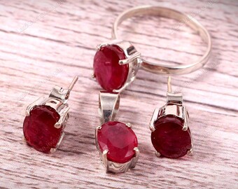 Natural Ruby Ring Earrings Pendant Jewelery Set,Matching Jewelery,Simple Statement Jewelry,Art Deco Jewelry Jewelery,925 Sterling Silver