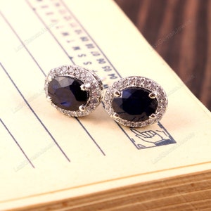 Natural Blue Sapphire Earrings Stud 925 Sterling Silver-Art Deco Sapphire Zircon Halo Earrings, Dainty Minimalist Earrings, Bridal Earrings