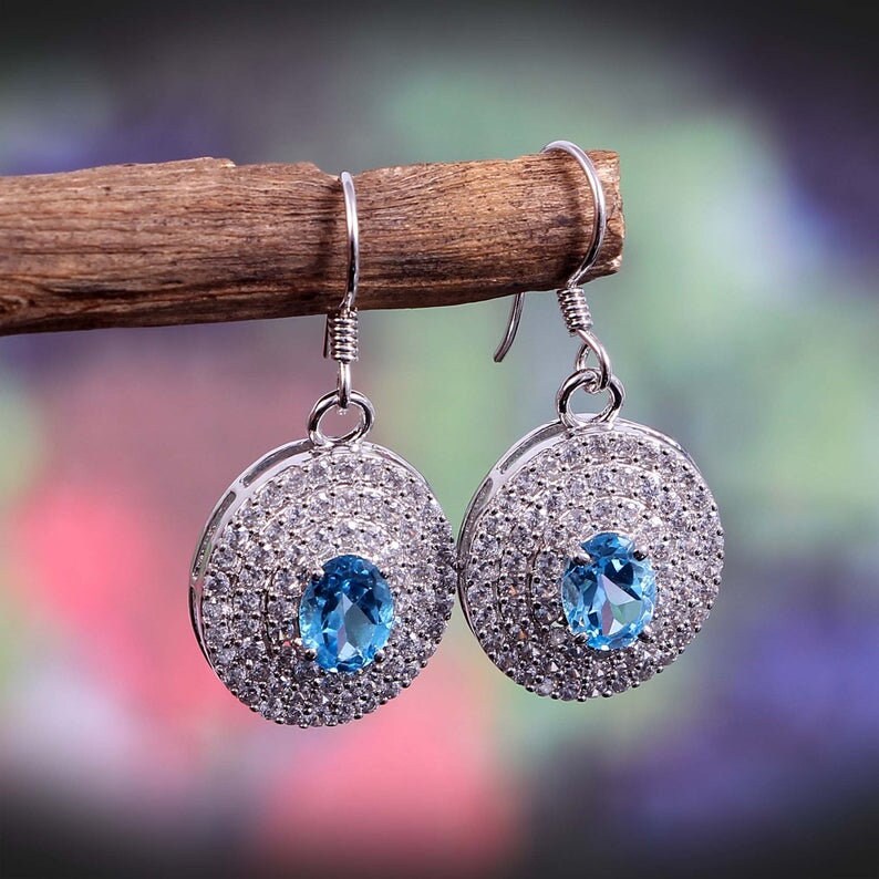 Natural Blue Topaz Oval Faceted Drop /& Dangle Earrings 925 Sterling Silver Chandelier Statement Earrings-925 Sterling Silver Moms Gift her