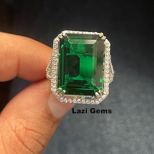 Big Emerald Ring 925 Sterling Silver Halo Cluster Ring Statement Ring