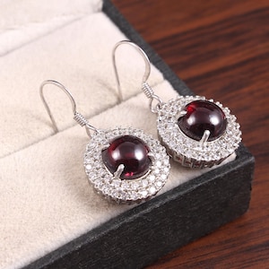 Natural Garnet Earrings, Cocktail Dangle Earrings, Statement Hook Earrings, Vintage Jewelry Earrings, 925 Sterling Silver, Gift Her Women