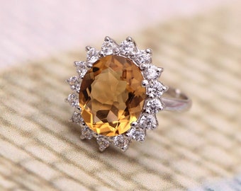 Natural Citrine Ring, Natural Gemstone, Women's Ring, Citrine Halo Ring, November Birthstone, 925 Sterling Silver, Jewelry Ring