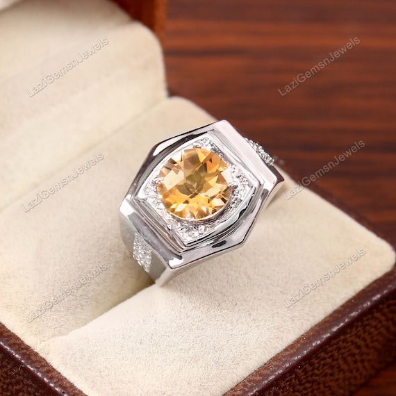 925 Sterling Silver Citrine Ring Men Women Unisex Yellow Stone