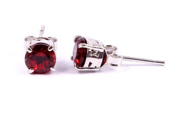 Natural Round Garnet Stud Earrings 14k White Gold January Birthstone Stud Natural Red Garnet Minimalist Earrings Gift for Her
