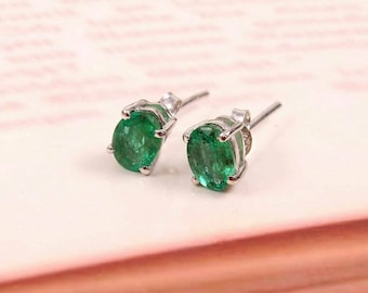 Natural Emerald Stud May Birthstone Earrings, Emerald Green Stud Earrings in Sterling Silver, Extra Tiny  Stud, Birthstone Stud Earrings