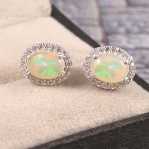 Ethiopian Opals Earrings Oval Stud Earrings 925 Sterling Silver Minimalist Earrings Boho Jewelry Dainty Halo Earrings Bohemian Earrings Gift