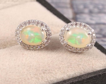 Ethiopian Opals Earrings Oval Stud Earrings 925 Sterling Silver Minimalist Earrings Boho Jewelry Dainty Halo Earrings Bohemian Earrings Gift