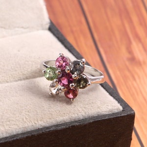Flower Tourmaline Ring Multi Ring 925 Sterling Silver Promise Ring Statement Cocktail Ring--Dainty Prong Ring-Bohemian Stacking Ring