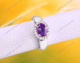 Natural Amethyst Ring Wedding Ring Oval Cut Gemstone February Birthstone Ring Purple Gems Sterling Silver Ring