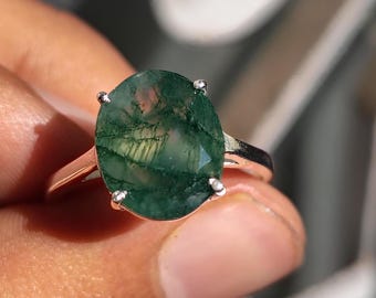 Anillo de ágata musgosa verde, anillo llamativo de plata de ley 925, anillo llamativo de compromiso, anillos de ágata musgosa natural para mujeres