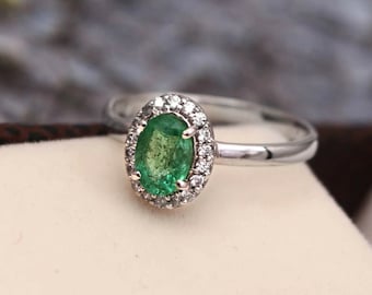 Natural Emerald Ring halo Ring Statement Ring Jewelry Ring Styles Ring 925 Sterling Silver Ring may birthstone Ring Promise Ring B