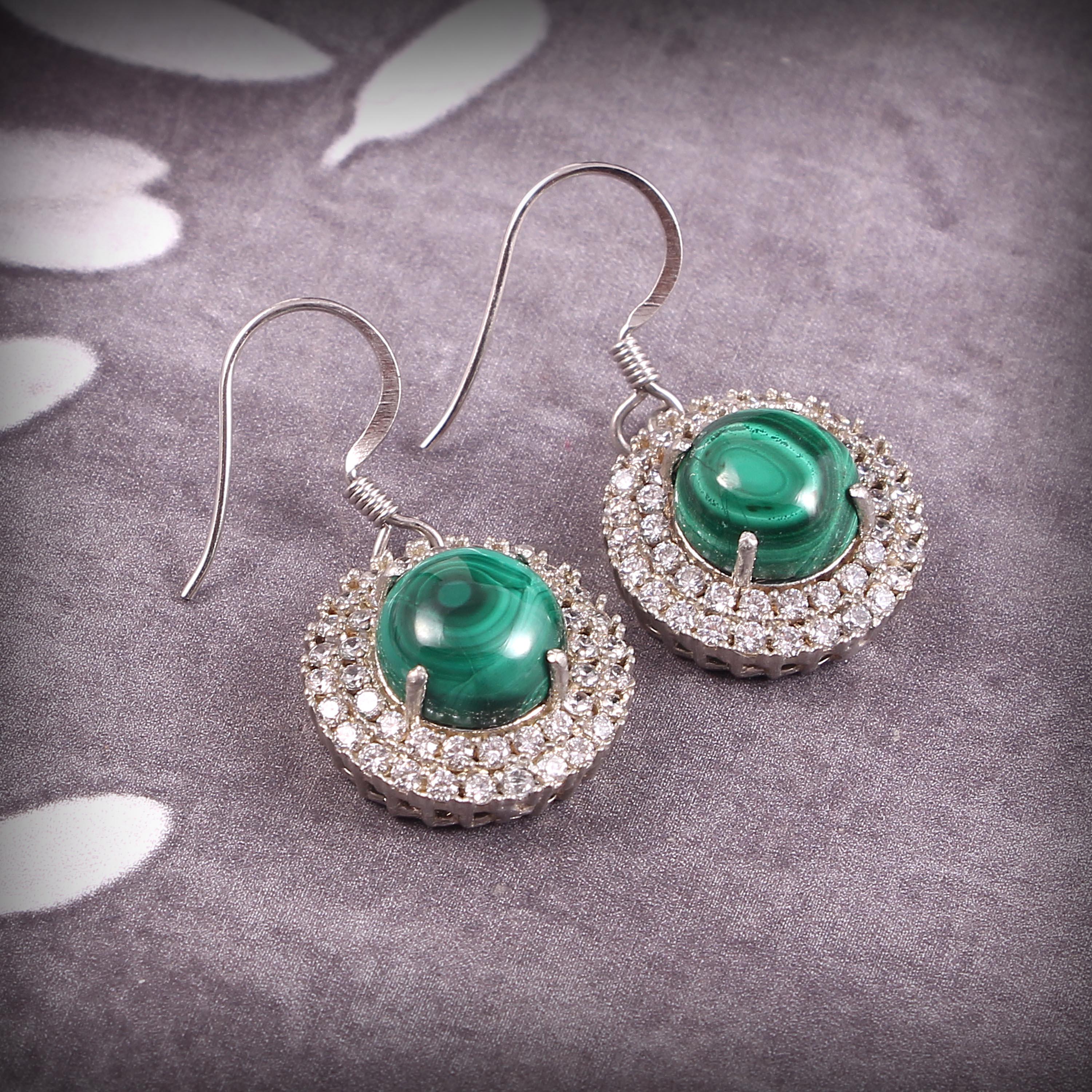 Boucles D'oreilles Anciennes SERPENT – Malachite Et Argent Massif, Style Puces à Clous