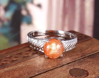 Sunstone and Moonstone Wedding Band Set, Silver Tungsten