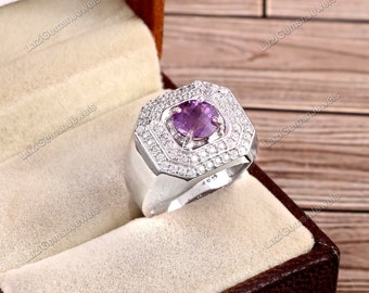Natural Amethyst Ring, Round Shape, Promise Ring, 925 Sterling Silver ,February Birthstone, Wedding Ring, Engagement Ring, Gift For Wife