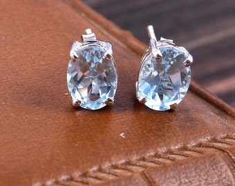 Blue Topaz Earrings-Minimalist Halo Studs-Oval Statement Earrings-Dainty Cluster Earrings-Art Deco Earrings-Gift Women-925 Sterling Silver