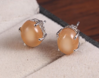 Peach Moonstone Earrings Dainty Stud Earrings Halo Jewelry Minimalist Earrings 925 Sterling silver Jewelry Moonstone Stud Moms Wife Gift her