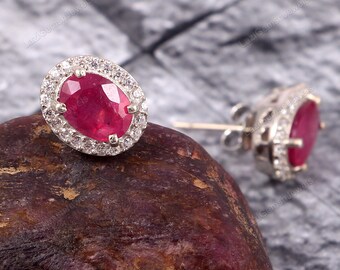 Natural Pink Ruby Stud Earrings Minimalist Dainty Halo Stud Earrings 925 Sterling Silver Gift for her