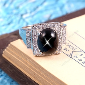 Black Star Sapphire Ring Boho Ring,Stacking Ring Statement Ring,Delicate Halo Cluster Art deco Ring-925 Sterling Silver Moms Wife Gift her
