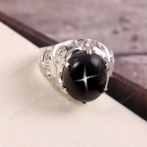 Black Star Sapphire Ring,Cocktail Band Ring,Jewelry Ring,Statement Ring Art Deco Ring,925 Sterling Silver Black Star Ring Wedding Ring