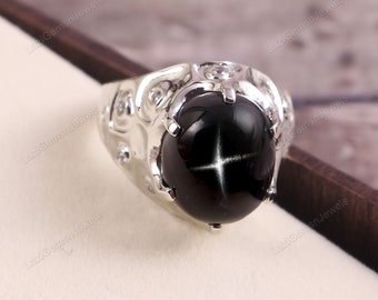 Black Star Sapphire Ring,Cocktail Band Ring,Jewelry Ring,Statement Ring Art Deco Ring,925 Sterling Silver Black Star Ring Wedding Ring