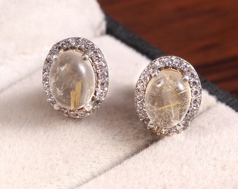 Golden Rutilated Quartz Earrings Stud Earrings 925 Sterling Silver Minimalist Earrings Dainty Halo Earrings Bohemian Earrings Gift for her