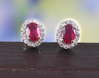 Oval Ruby Earrings Stud Earrings Halo Earrings Minimalist Stud Earrings Boho Jewelry 925 Sterling Silver Statement Earrings Wedding Gift Her