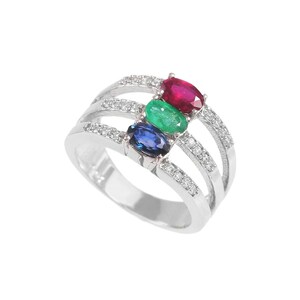 May include: A silver ring with three oval-shaped gemstones: a red ruby, a green emerald, and a blue sapphire. The ring is set with smaller diamonds on the band.