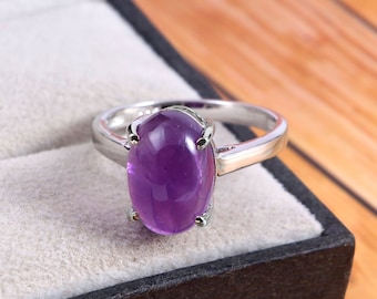 Birthstone Ring Oval Natural Amethyst Ring Purple Ring 925 Sterling Silver Ring February Ring  Stackable Ring