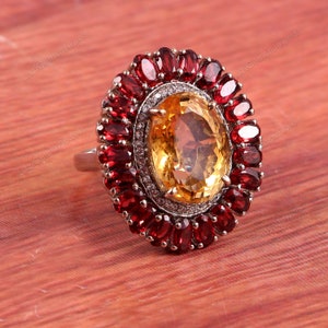 Natural Citrine Ring Garnet Ring Boho Ring,Statement Ring,Wedding Ring Art deco Ring-925 Sterling Silver Moms Wife Gift her Jewelry Ring
