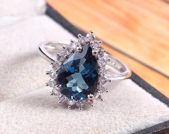 London Blue Topaz Ring, Minimalist Ring,Statement Ring,Designer Ring,925 Sterling Silver, Pear Topaz Ring, Jewelry Ring Boho Ring Gift her