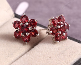 Flower Garnet Stud Earrings,Halo Earrings,Statement Earrings Stud Earrings Boho Earrings Red Stud Earrings 925Sterling Silver Christmas Gift