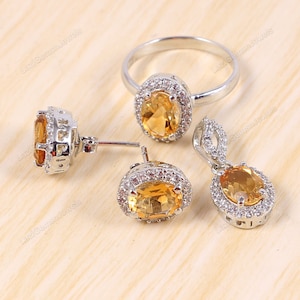 Golden Topaz Ring Earrings Pendant Jewelry Set,Halo Jewelry,Vintage Cluster Jewelry Set,Anniversary Gift for Her Mom,925 Sterling Silver