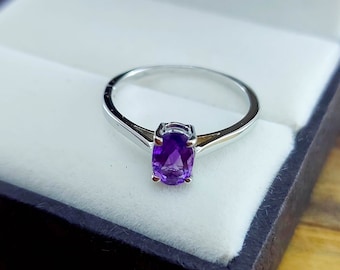 Natural Amethyst Ring Simple Ring Stackable Ring  925 Sterling Silver Oval Ring February birthstone Ring Purple Ring