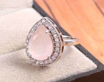 Teardrop Rose Quartz Ring Dainty Halo Ring Minimalist Ring 925 Sterling Silver Minimalist Jewelry Vintage Jewelry Ring Pink Ring Gift