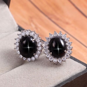 Black Star Sapphire Stud Earrings Halo Stud 925 Sterling Silver Minimalist Jewelry Black Earrings Vintage Jewelry Earrings