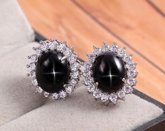 Black Star Sapphire Stud Earrings Halo Stud 925 Sterling Silver Minimalist Jewelry Boho Earrings Black Earrings Vintage Jewelry Earrings