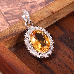 Natural Yellow Topaz Pendant, 925 Sterling Silver Pendent, November Birthstone Pendant,Minimalist Pendant, Cluster Halo Necklaces,