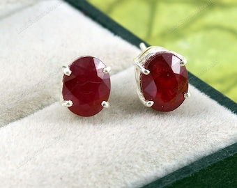 Natural Ruby Earrings , Stud Earrings , Minimalist Statement Earrings-July Birthstone Earrings-Small Oval Earrings-925 Sterling Silver gift