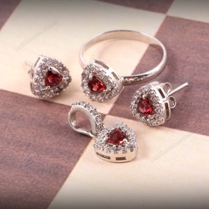 Natural Garnet Ring Earrings Pendant Jewelry Set,Halo Cluster Jewelry,Cocktail Vintage Jewelry,Anniversary Gift for Her,925 Sterling Silver