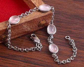 Natural Rose Quartz Bracelet 925 Silver Bracelet Anniversary Gift Fashion Bracelet, Engagement Gift Minimalist Bracelets Fashion Girls Gift