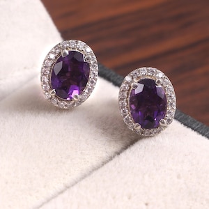 Amethyst Ohrstecker, Zarte Halo Ohrringe, Oval Statement Ohrringe, Februar Geburtsstein, Braut Hochzeit Schmuck, 925 Sterling Silber Geschenk