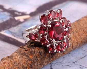 Natural Garnet Ring, Art Deco Ring, Statement Ring, Oval Garnet Rings, 925 Sterling Silver Engagement Ring For Women, Wedding Rings