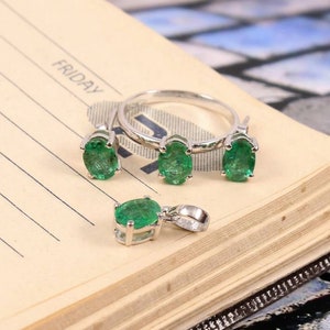 Natürliche grüne sambische Smaragd Schmuck Set | Ring Ohrring Anhänger | 925er Sterling Silber | Brautjungfer Ring | Mai Geburtsstein