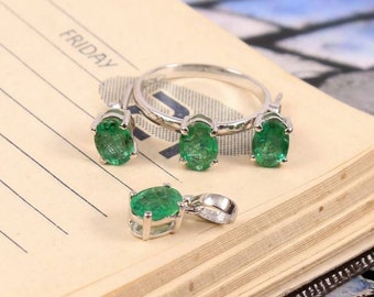 Natural Green Zambian Emerald Jewelry Set| Ring Earring Pendant| 925 Sterling Silver| Bridesmaid Ring| May Birthstone