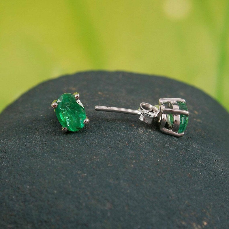 Natural Emerald Stud May Birthstone Earrings, Emerald Green Stud Earrings in Sterling Silver, Extra Tiny Stud, Birthstone Stud Earrings image 3