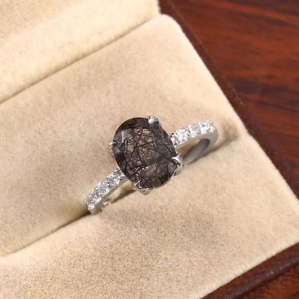 Black Rutilated Quartz Ring/Oval Black Rutilated Quartz Engagement Ring/Anniversary Gift for Her/Silver Black Gem Jewelry