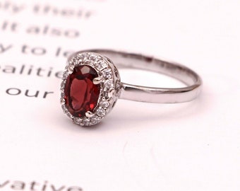 Natural Garnet Ring Zircon Halo 925 Sterling Silver Dainty Stacking Ring Vintage Boho jewelry minimalist Wedding Ring Gift for her