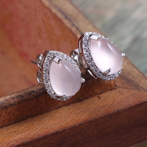 Natural Rose Quartz Earrings 925 Sterling Silver Stud Earrings Rose Quartz Teardrop Stud Silver Earrings Christmas Gifts For Her Jewelry