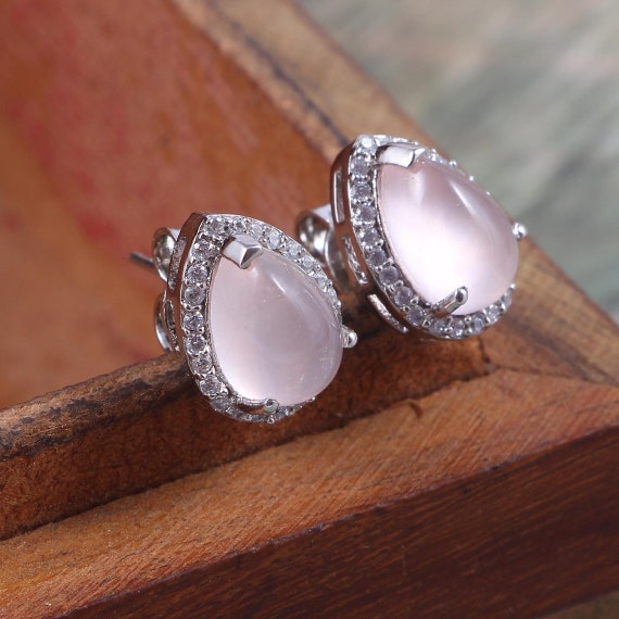 Natural Rose Quartz Earrings 925 Sterling Silver Stud Earrings